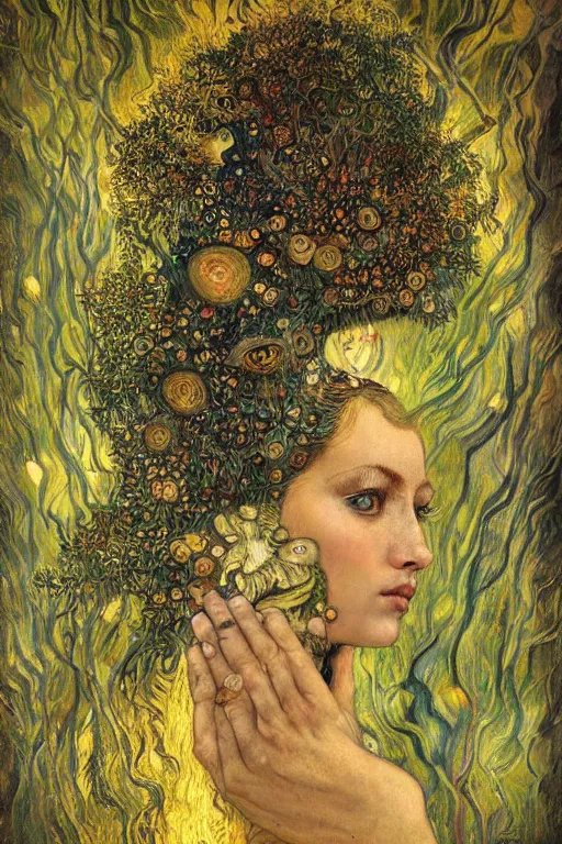 Image similar to Nature by Karol Bak, Jean Deville, Gustav Klimt, and Vincent Van Gogh, transformational chimera portrait, visionary, hair made of trees, verdant, life, botanicals, otherworldly, fractal structures, ornate gilded medieval icon, third eye, spirals