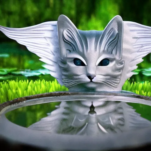 Image similar to Cat with angel wings drinking from a pond, digital artstyle drawn, trending on fiverr, 40nm lens, shallow depth of field,