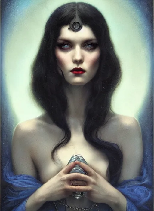 Prompt: a sinister portrait of an woman with beautiful blue eyes and dark hair, art by manuel sanjulian and tom bagshaw
