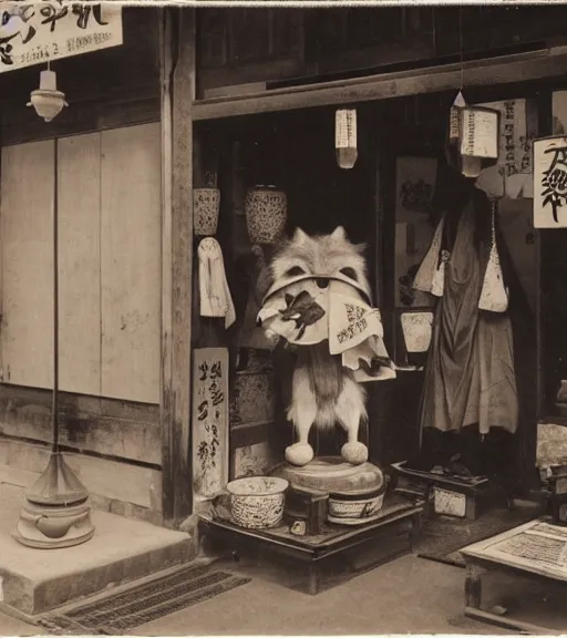 Prompt: 1 8 th century japanese street market in kyoto, 1 9 0 0 s photography, portrait anthro anthropomorphic fox head animal person fursona wearing clothes street trader