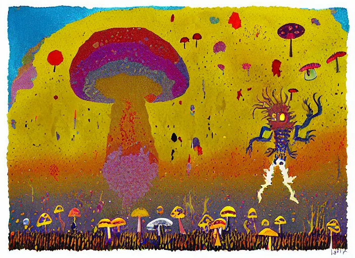 Prompt: pixel decollage painting golden armor alien zombie horseman riding on a crystal bone dragon broken rainbow diamond maggot horse in a blossoming meadow full of colorful mushrooms and golden foil toad blobs in a golden sunset, distant forest horizon, painted by Mark Rothko, Helen Frankenthaler, Danny Fox and Hilma af Klint, pixelated, neo expressionism, semi naive, rich deep colors, cinematic, color field painting, cave painting, voxel, pop art look, outsider art, minimalistic. Bill Traylor painting, part by Philip Guston and Francis Bacon. art by Adrian Ghenie, 8k, extreme detail, intricate detail, masterpiece