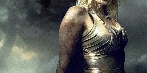 Image similar to elisha cuthbert as the goddess of war. movie still. sinister atmospheric lighting. highly detailed, ground mist