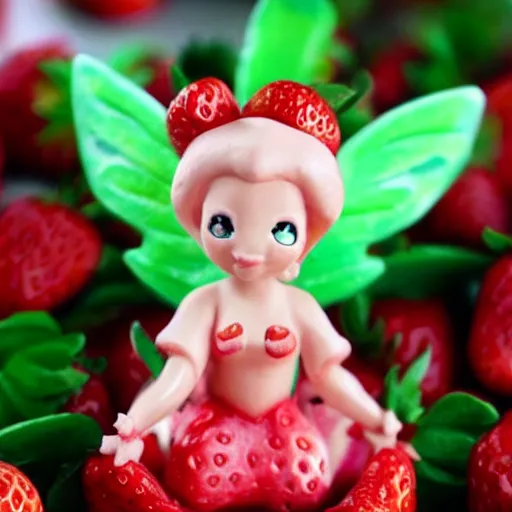 Prompt: a femo figurine of a cute funny strawberry fairy made of strawberries and human