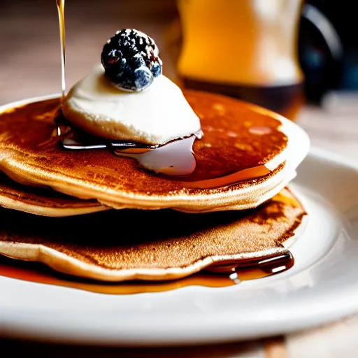 Prompt: professional food photography of a plate with a pancake covered in maple syrup on a table outside during a sunny day, realistic, very detailed, sharp lens, focus