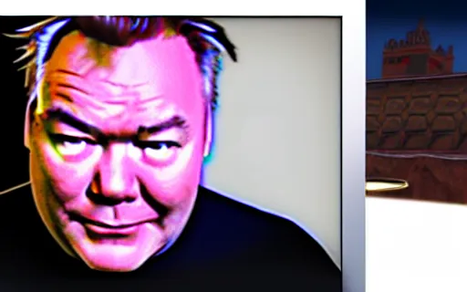 Image similar to Stewart Lee playing Counter Strike, gameplay footage with facecam in the bottom right