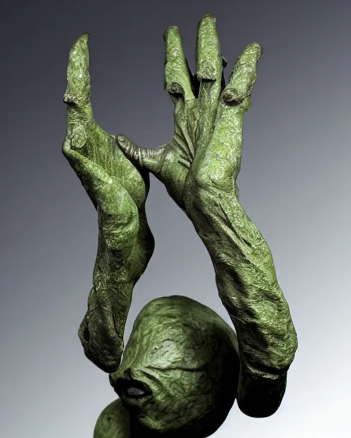 Image similar to photo of maquette sculpture of a creepy hand with a face creature, designed by jordu schell