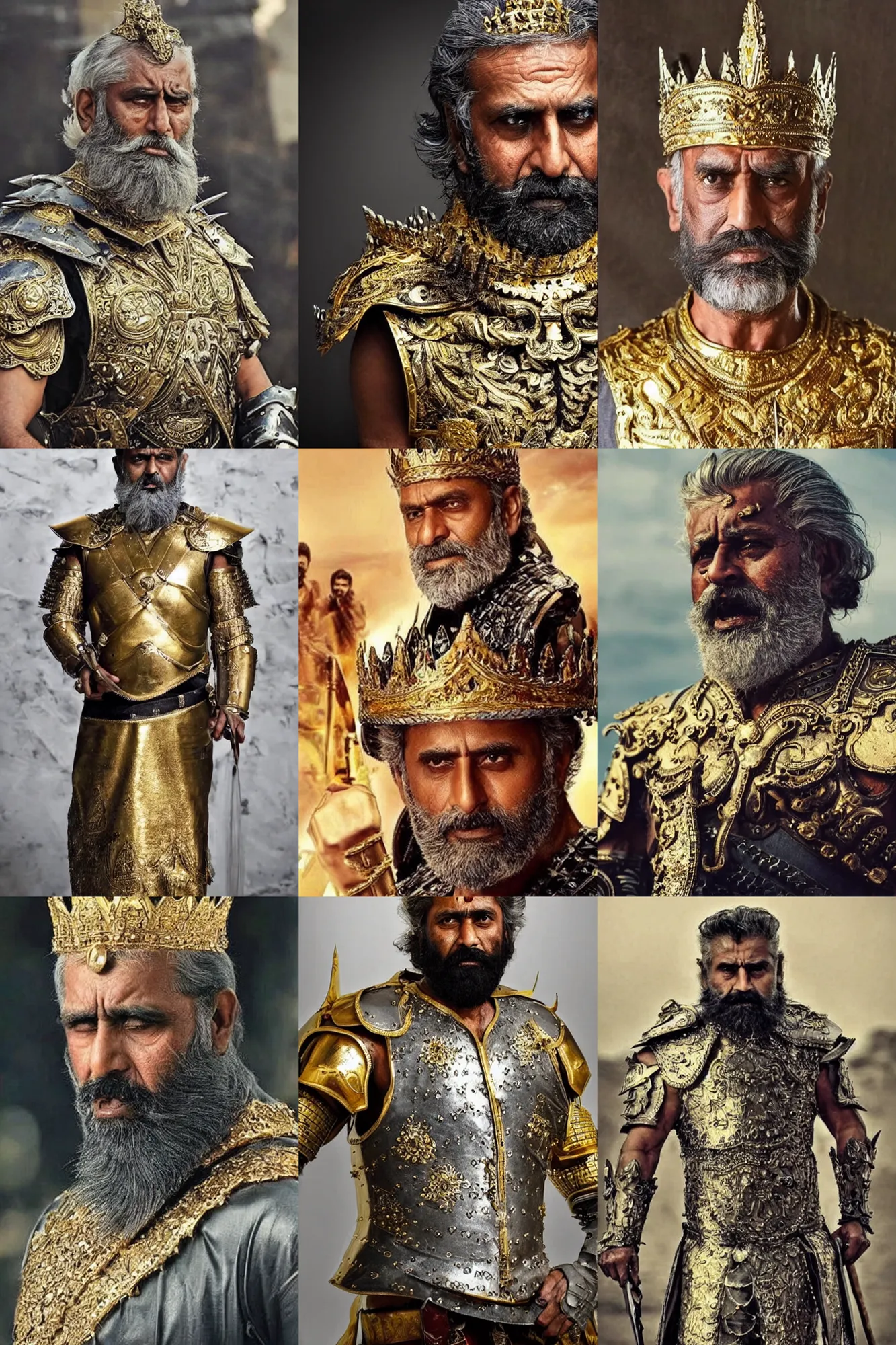 Prompt: old gigachad with grey beard, messy short hair, many scars, angry. wearing intricate gold armour. gold crown. bollywood action movie still.
