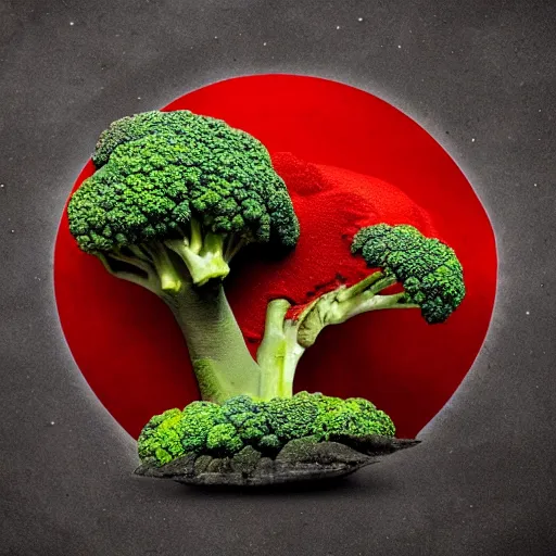 Prompt: A volcanic eruption where instead of lava, broccoli pieces are spied out, fantasy art