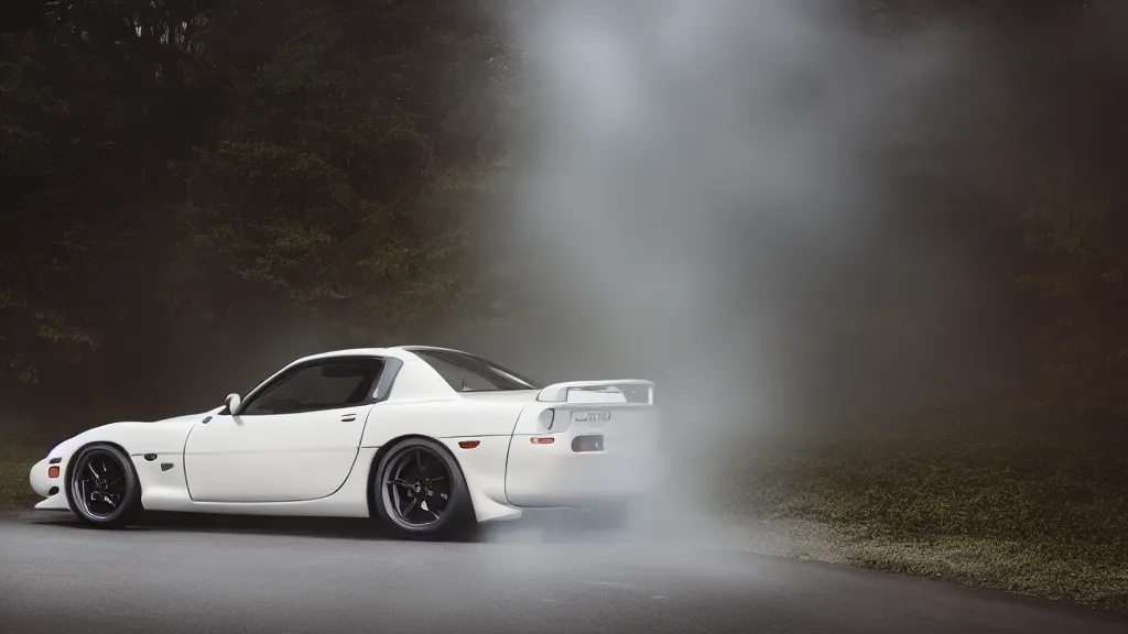 Image similar to a mazda rx - 7 with pop up headlights, cinematic, long exposure, white balance, 8 k, led, lumen global illumination, fog, ray tracing reflections