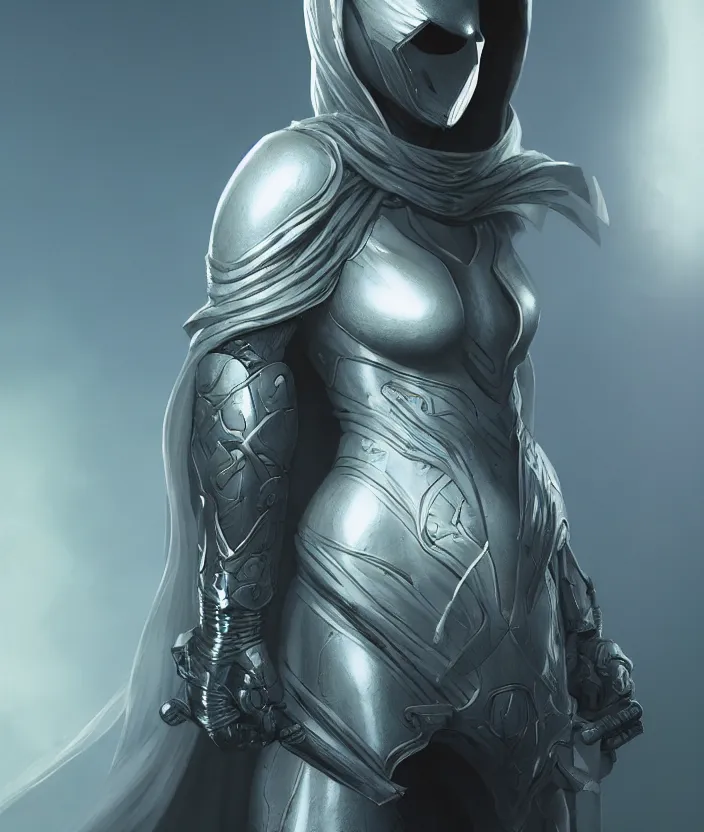 Image similar to female moon knight, hyper detailed, digital art, trending in artstation, cinematic lighting, studio quality, smooth render, unreal engine 5 rendered, octane rendered, art style by klimt and nixeu and ian sprigger and wlop and krenz cushart