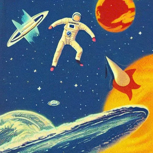 Image similar to astronaut surfing in space, stars as waves, Vintage Magazine Illustration