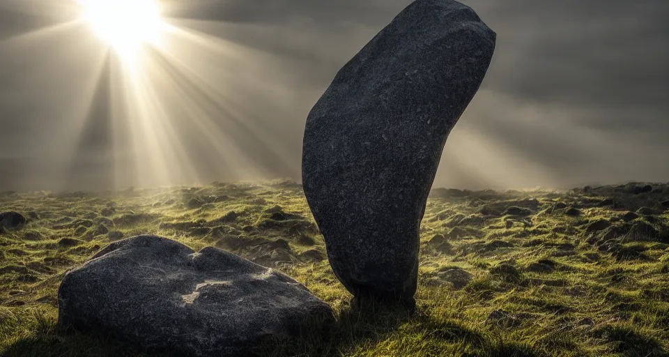 Prompt: landscape photo showing a huge hand made of stone in the background, dramatic lighting, hazy atmosphere, god rays