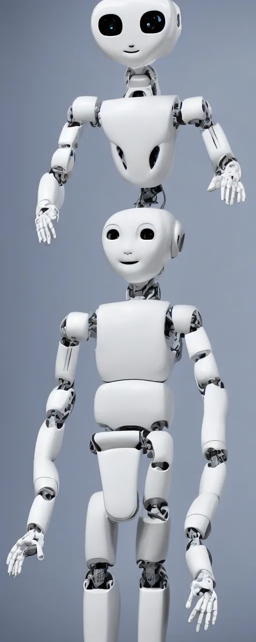 Image similar to standing in front of a white background is a highly realistic and detailed humanoid robot in human body form