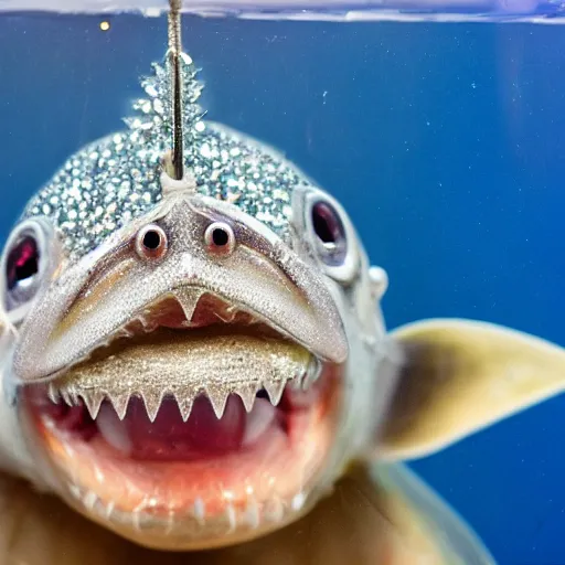 Image similar to A diamond encrusted angler fish with jeweled teeth