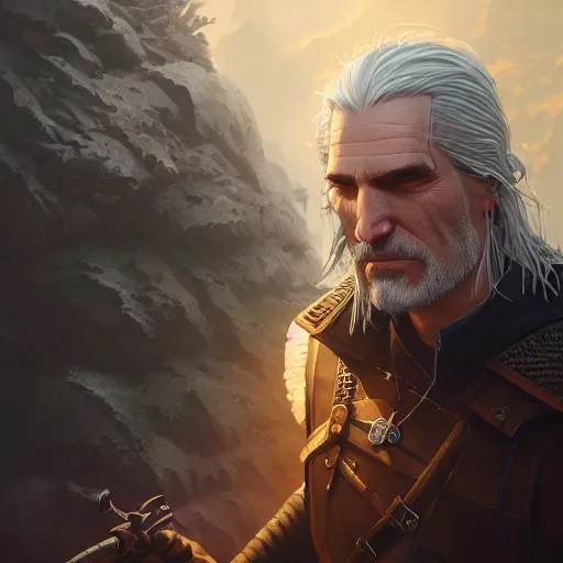 Image similar to highly detailed portrait of geralt of rivia, stephen bliss, unreal engine, fantasy art by greg rutkowski, loish, rhads, ferdinand knab, makoto shinkai and lois van baarle, ilya kuvshinov, rossdraws, tom bagshaw, global illumination, radiant light, detailed and intricate environment