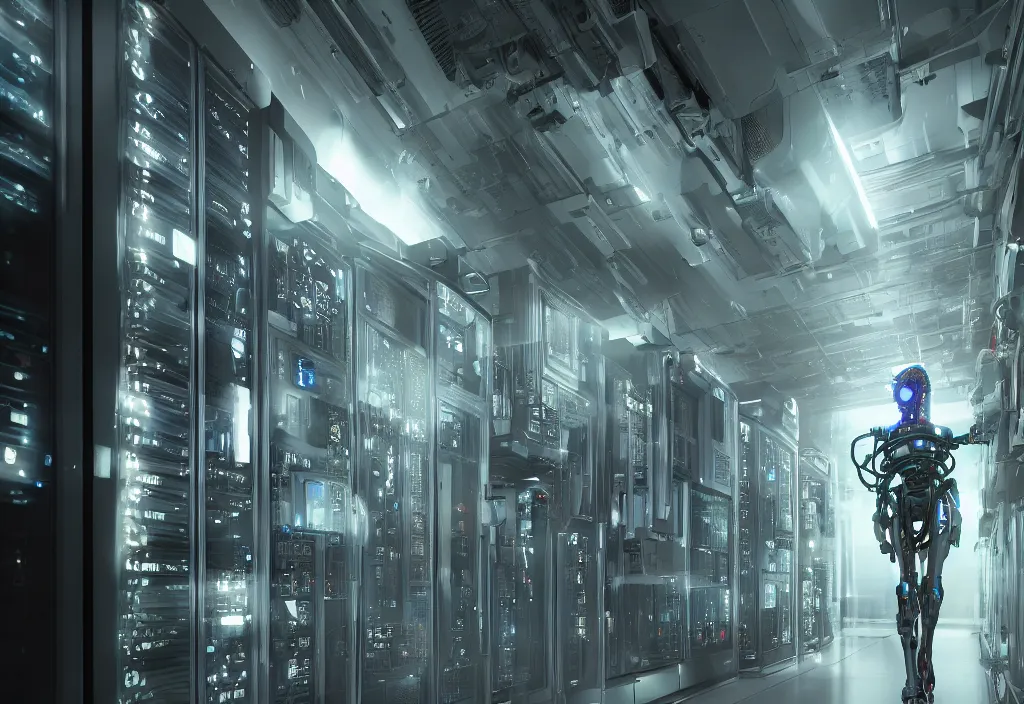 Image similar to shot of film, server room in datacenter, natural light, elegant, atmospheric lighting intricate by barclay shaw, by evan rhodes artstation, cyborg, robot cyberpunk character design, walking in data center, octane render 8 k, detailed, beautiful composition, cyberpunk colors, ultra high details, cinematic composition, professional master piece