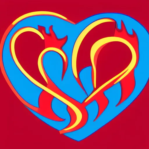 Prompt: cartoon heart on fire logo, burning, flames, symmetrical, washed out color, centered, art deco, 1 9 5 0's futuristic, glowing highlights, peaceful