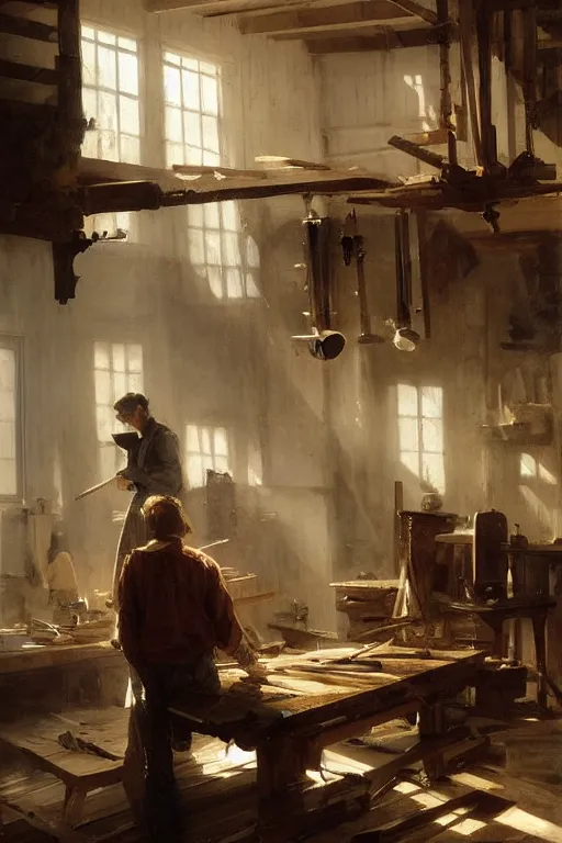 Image similar to simple craftsman fine woodworker building a wooden table in their well lit clean open workshop, art by anders zorn, wonderful masterpiece by greg rutkowski, beautiful cinematic light, american romanticism thomas lawrence, greg rutkowski