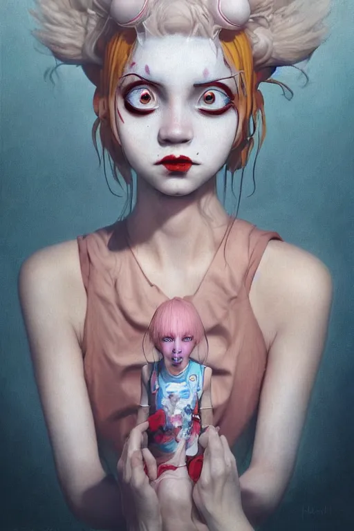 Image similar to breathtaking detailed painting of clown girl , with anxious, piercing eyes, Atari game cover art by Hsiao-Ron Cheng, James jean, Miho Hirano, Hayao Miyazaki, extremely moody lighting, hyperrealistic, octane render, RPG portrait, ambient light, dynamic lighting