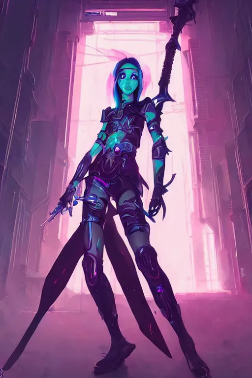 Image similar to fiora from league of legends, cyberpunk futuristic neon. long sword in her hand, decorated with traditional japanese ornaments by ismail inceoglu dragan bibin hans thoma greg rutkowski alexandros pyromallis nekro rene maritte illustrated, perfect face, fine details, realistic shaded, fine - face, pretty face, masterpiece