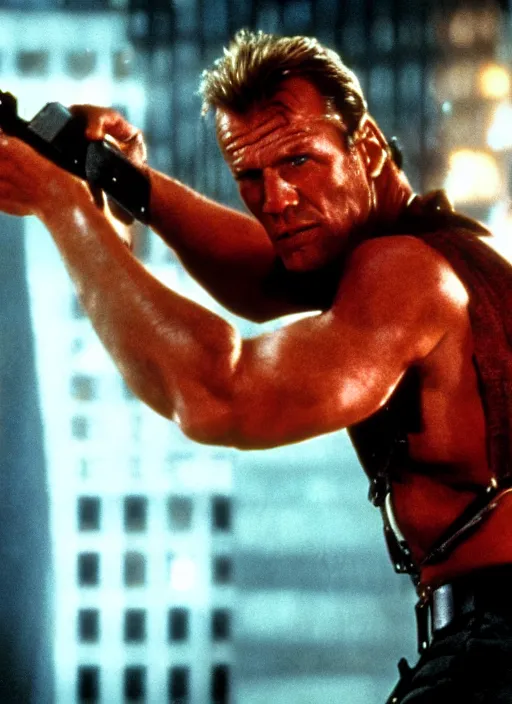Prompt: film still of Dolph Lundgren as John McClane in Die Hard, 4k