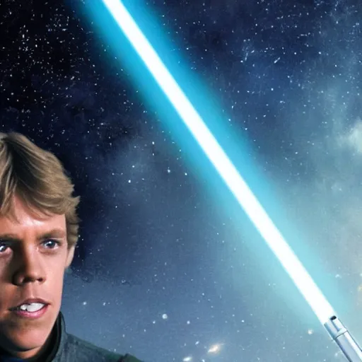 Image similar to luke skywalker pointing at stars with his lightsaber