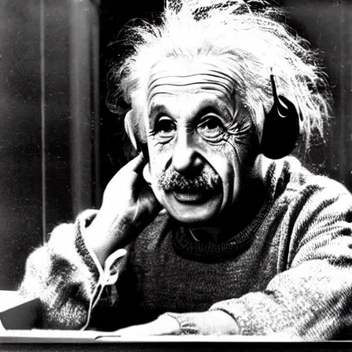 Image similar to vintage photo of einstein wearing headphones shouting at a macbook pro