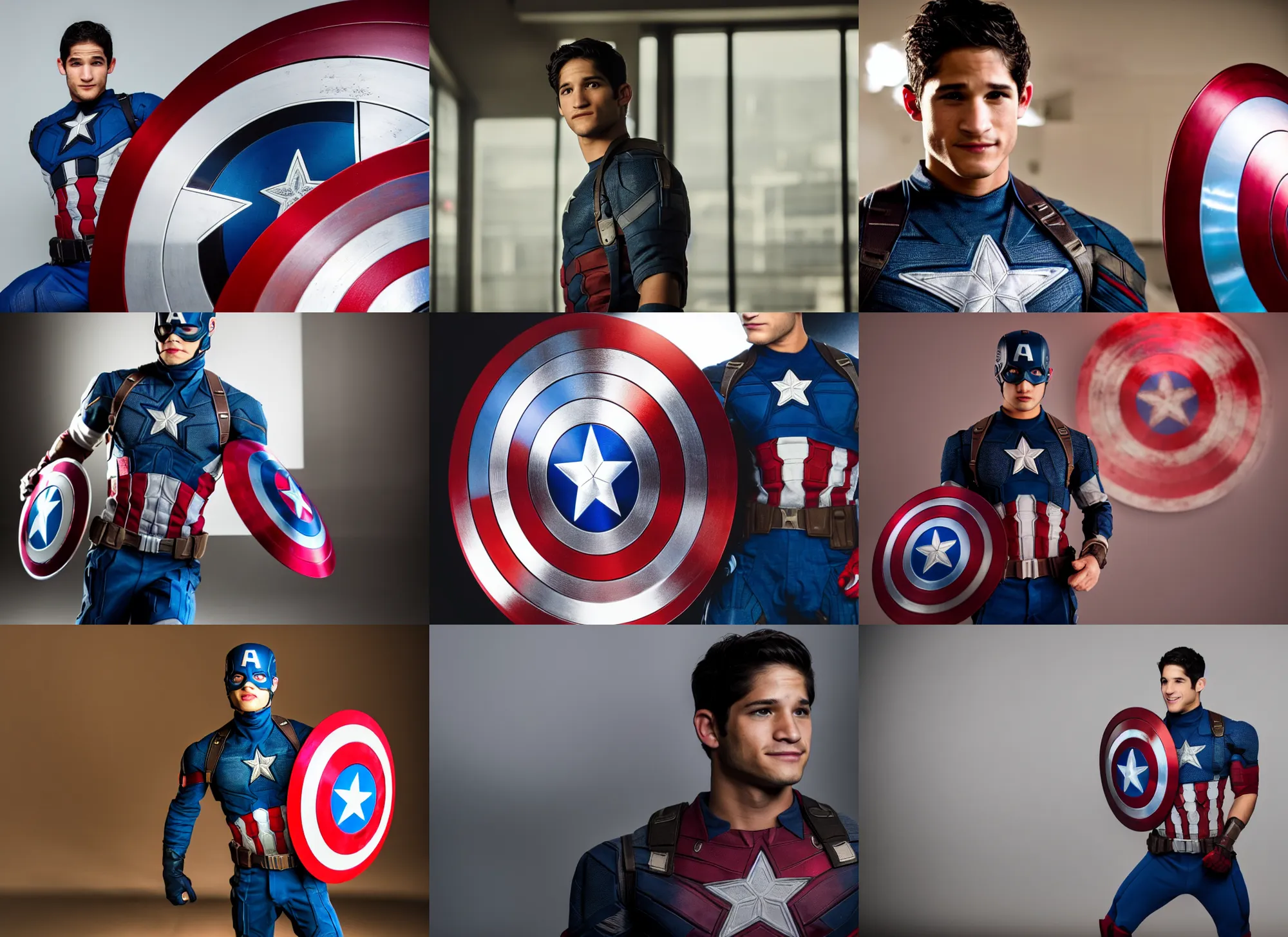 Prompt: photo still of tyler posey as captain america, 8 k, studio lighting bright ambient lighting key light, 8 5 mm f 1. 8