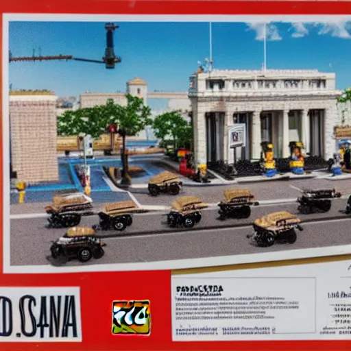 Prompt: An advertisement for a LEGO set of Dealey Plaza and the presidential motorcade