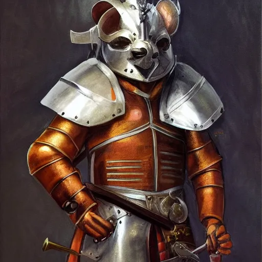 Image similar to a mouse wearing a conquistador's suit of armor and sword, fantasy, concept art, portrait, Renaissance, oil painting, Baroque