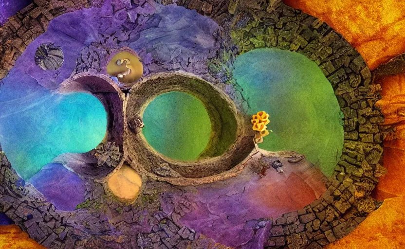 Image similar to sponge with many paths inside each hole, paths lead to different worlds, surreal, lord of the rings, detailed, high definition, close up, mysterious, curiosity,