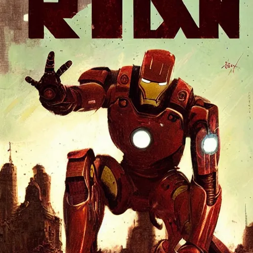 Prompt: rusty iron man, vintage comic by greg rutkowski