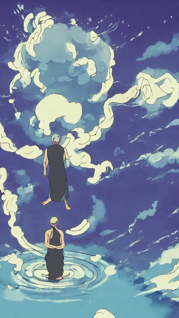Image similar to illustration of a peaceful levitating meditating monk in the centre of a swirling atom, studio ghibli, ultra hd