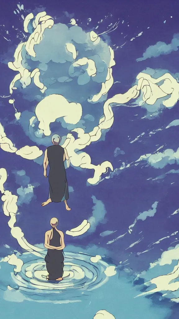 Prompt: illustration of a peaceful levitating meditating monk in the centre of a swirling atom, studio ghibli, ultra hd