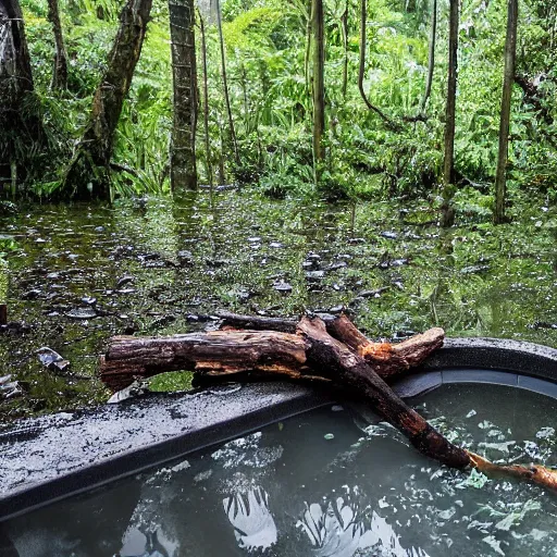 Image similar to pristine porcelain bath filled with bubbles in a clearfelled jungle, slash and burn, deforestation, tree stumps, smouldering charred timber