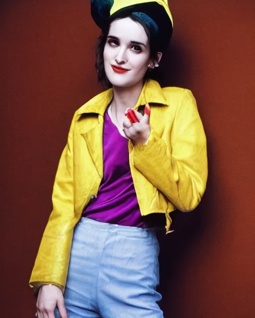 Image similar to photos of young winona ryder wearing a yellow leather jacket, green corduroy pants, a red silk blouse, and purple velvet top hat on her head, photoshoot in the style of annie leibovitz, photorealistic, soft focus, bokeh, 5 0 mm