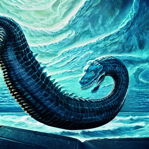 Prompt: A portrait of a sea serpent made of computer code, detailed, octane render, trending on artstation, digital art, cinematic.