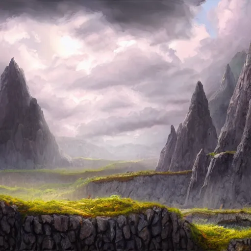 Image similar to basalt cliffs with lot of clouds fantasy landscape, high detail, fantasy art, concept art, 4 k, ultra detail, computer art