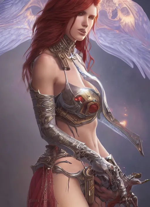 Image similar to ultra realistic illustration, bella thorne as diablo 3 angel anime, intricate, elegant, highly detailed, digital painting, artstation, concept art, smooth, sharp focus, illustration, art by artgerm and greg rutkowski and alphonse mucha and wlop