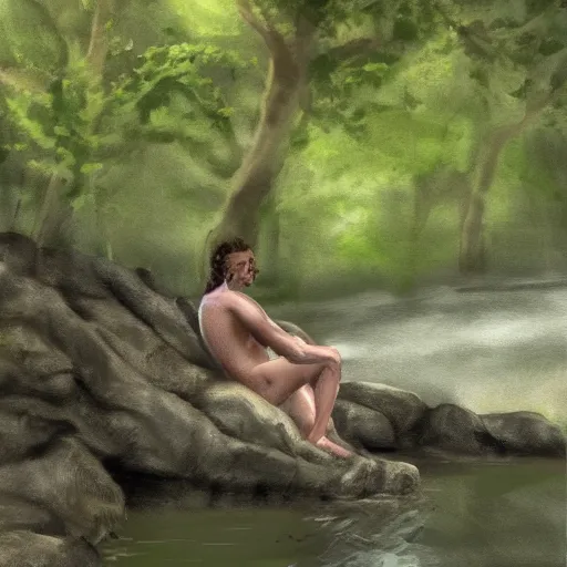 Prompt: a satyr lounging next to a river with one finger in the water, in the forest, digital painting, rough brushstrokes