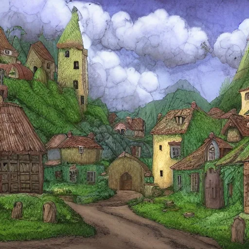 Prompt: medieval village in the middle of lush forest, by ghibli