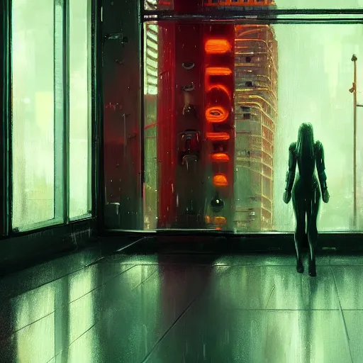 Prompt: detailed portrait of a cybernetic woman android, moment, cyberpunk elevated train, electronic billboards, tech noir, wet reflections, atmospheric, ambient, livia prima, greg rutkowski, edward hopper, pj crook