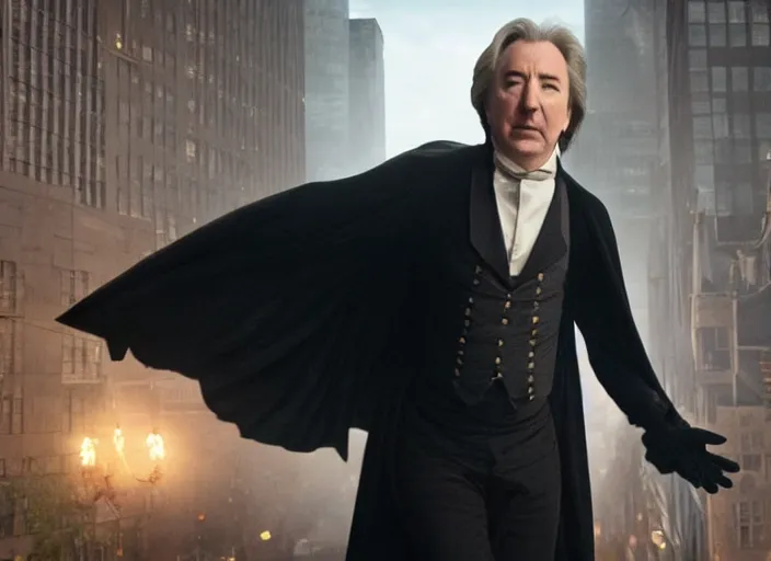 Prompt: movie still of alan rickman wearing a victorian era spiderman costume and cape from the new they live movie, realistic, 8 k