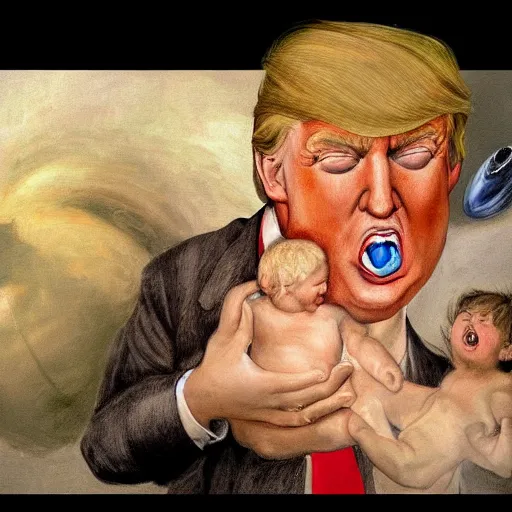 Image similar to a painting of a gigantic Donald Trump eating a boy like Saturn Devouring His Son, 2d, ultra highly detailed, rococo painting, smooth, sharp focus, artstation, pixiv, art by Francisco Goya