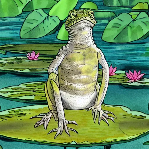 Prompt: a lizard sitting smiling on a water lily in a jungle. style of black clover