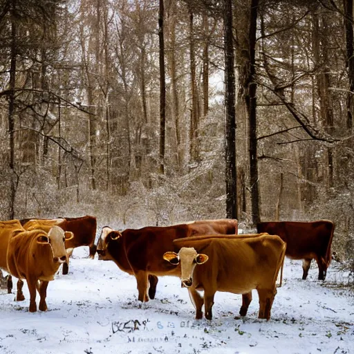 Image similar to DLSR photograph of several cows looking at the camera, in creepy forest, night-time, low lighting, eyes glinting