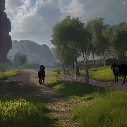 Image similar to The black-haired young witch travels on her horse to the land of dreams, unreal engine 4