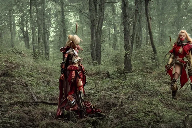 Image similar to vfx movie scene closeup nomad cyborg warrior viking geisha in a smoldering forest. by emmanuel lubezki