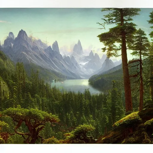 Prompt: a beautiful and highly detailed matte painting of an epic lush mountain range stretching into the distance, fir trees, pine trees, flowers, a lake in the distance, intricate details, epic scale, insanely complex, 8 k, sharp focus, hyperrealism, very realistic, by caspar friedrich, albert bierstadt, greg rutowski, james gurney, zeen chin,