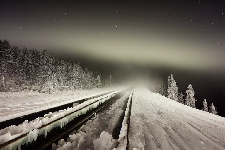 Prompt: A frozen conveyor belt in Porsgrunn, foggy night-time landscape photo